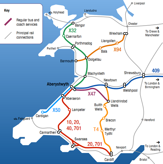 Principal coach and bus routes to Aberystwyth