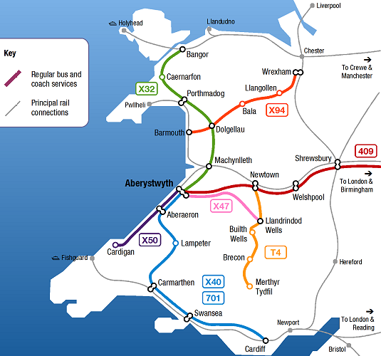 Principal coach and bus routes to Aberystwyth